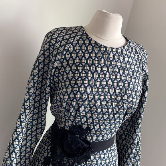 IREN KLAIRIE Fit & Flare Dress Womens Sz 12 Geometric Print Floral Tie Waist - Picture 2 of 8